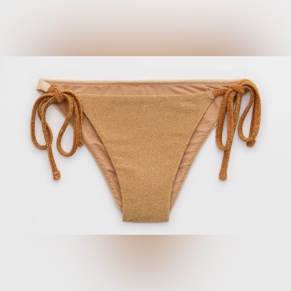 NWT Aerie Sparkle Cheekiest Tie Bikini Bottom in Gold Brown - Size XL